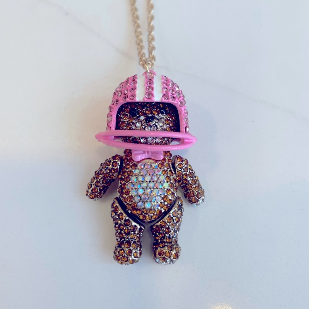 Betsey Johnson Football Teddy Bear Teddybear Pave Stones Necklace